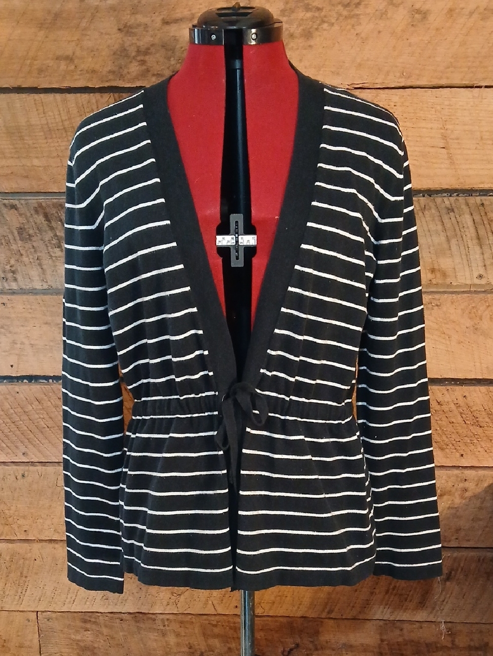 Jones New York Black and White Striped Tie-Waist Cardigan